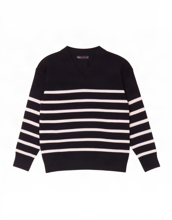 Marks & Spencer Mens V-Neck Jumper Sweater XS Navy Blue Striped Polyester