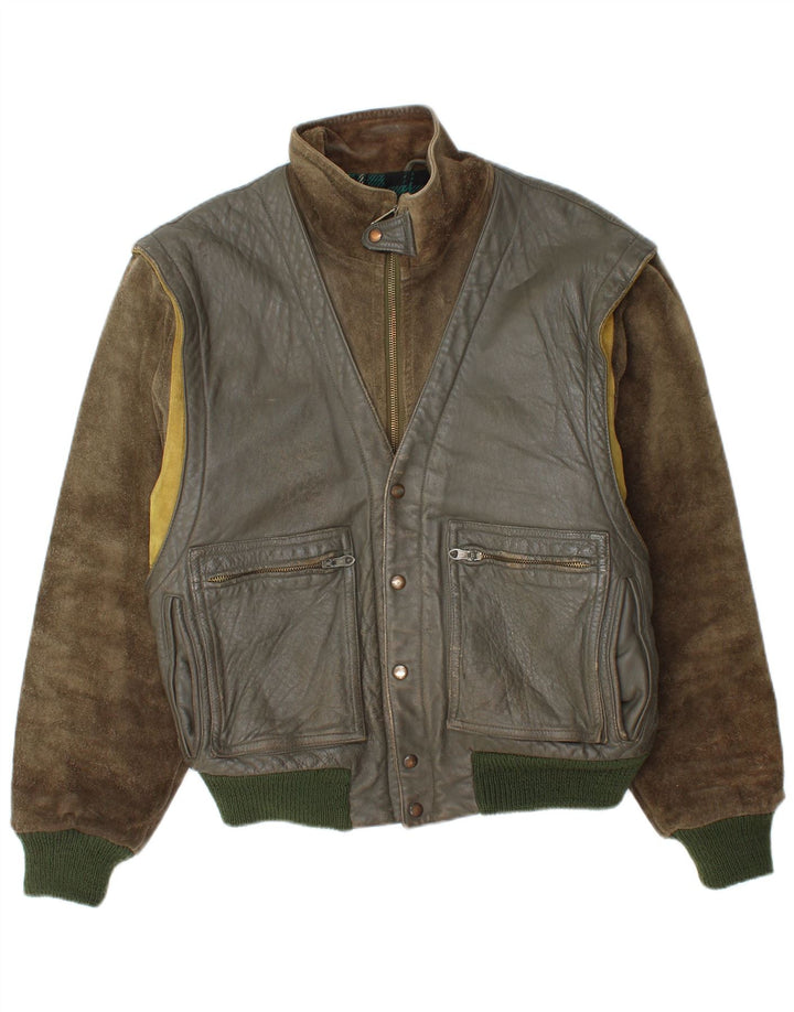 Belfe & Belfe Mens Bomber Leather Jacket UK 38 Medium Khaki Colourblock