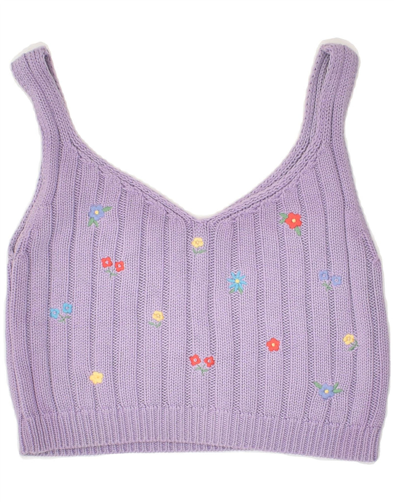 PIMKIE Womens Crop Knit Cami Top UK 8 Small Purple Floral Cotton | Vintage Pimkie | Thrift | Second-Hand Pimkie | Used Clothing | Messina Hembry 