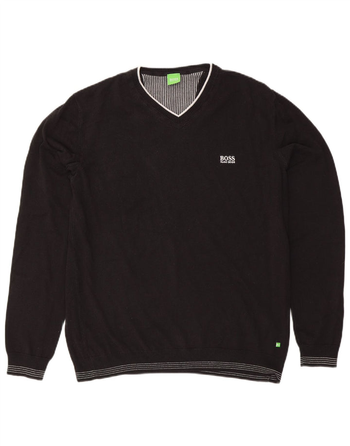 Hugo Boss Mens V-Neck Jumper Sweater Large Black Acrylic