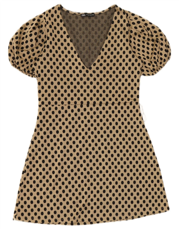 Zara Womens A-Line Dress UK 12 Medium Beige Polka Dot