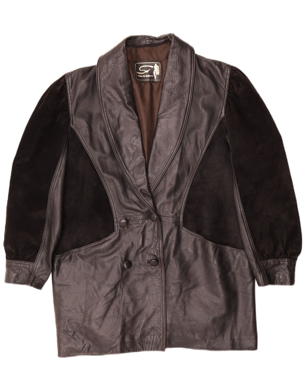 Vintage Womens Oversized Leather Coat UK 14 Medium Black Leather