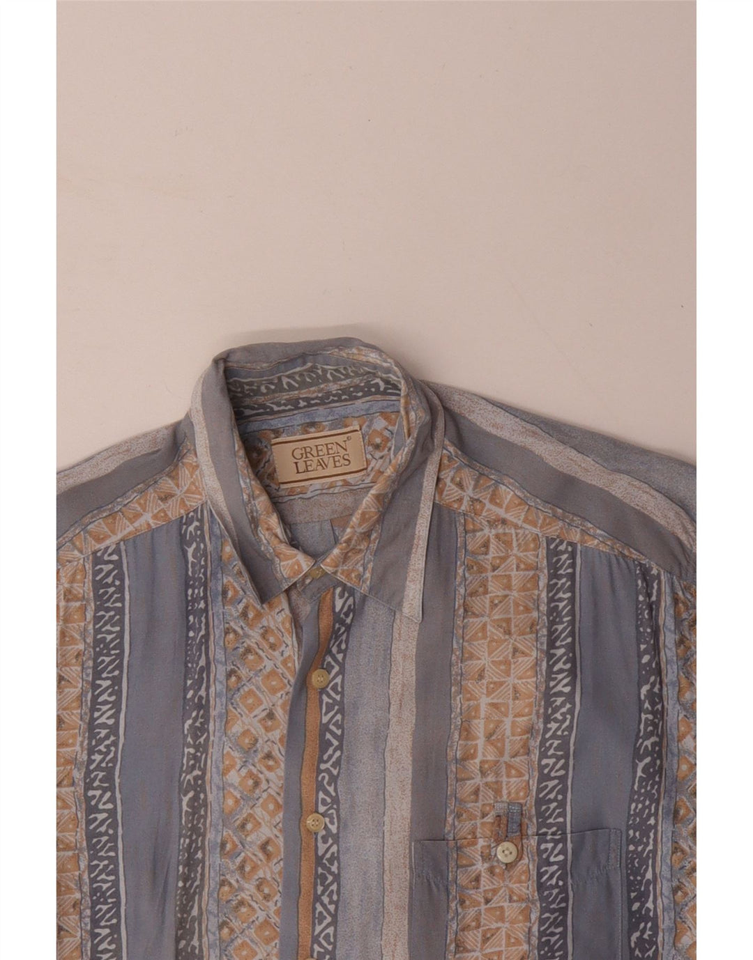 GREEN LEAVES Mens Short Sleeve Shirt Large Blue Geometric Viscose