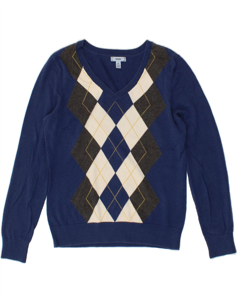 IZOD Mens V-Neck Jumper Sweater Medium Navy Blue Argyle/Diamond Cotton Vintage Izod and Second-Hand Izod from Messina Hembry 