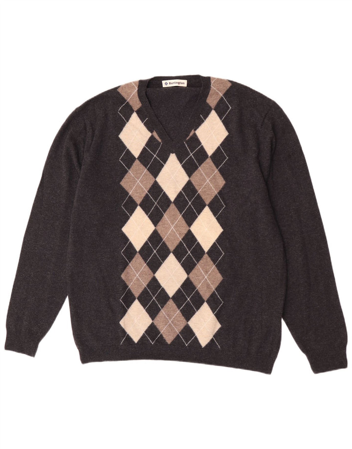 Burlington Mens V-Neck Jumper Sweater IT 52 Large Grey Argyle/Diamond