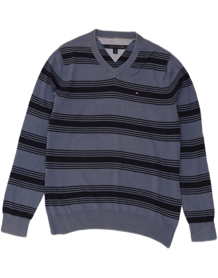 TOMMY HILFIGER Mens V-Neck Jumper Sweater Medium Blue Striped Cotton