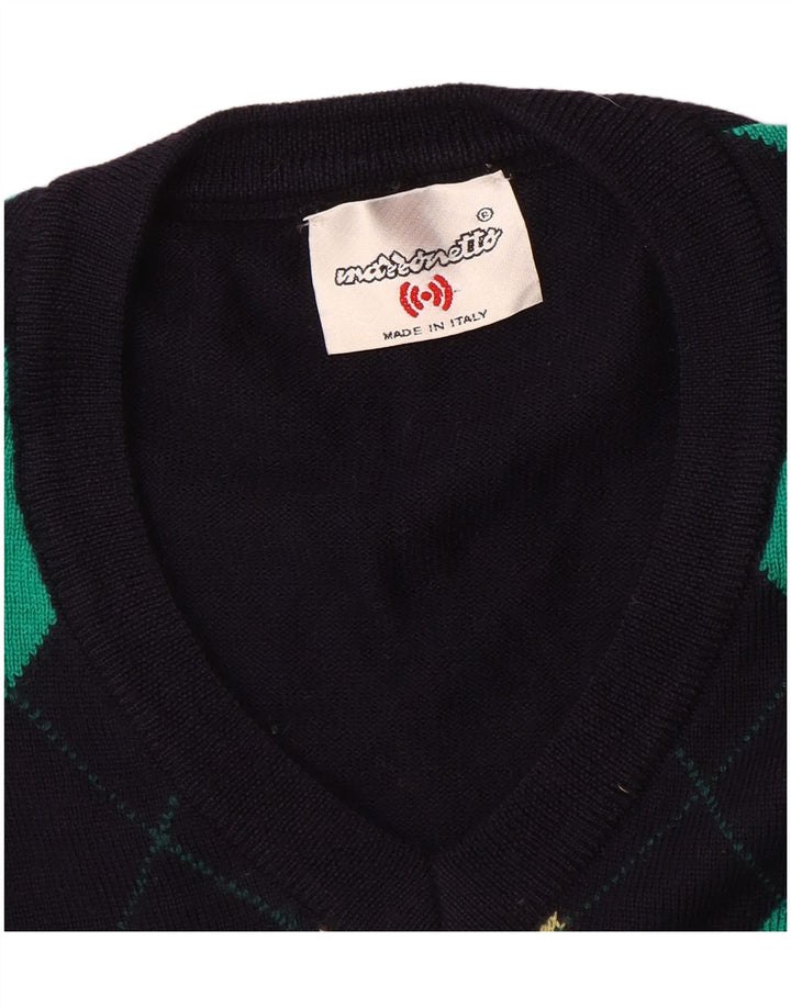 Marronetto Mens V-Neck Jumper Sweater Small Navy Blue Argyle/Diamond Wool