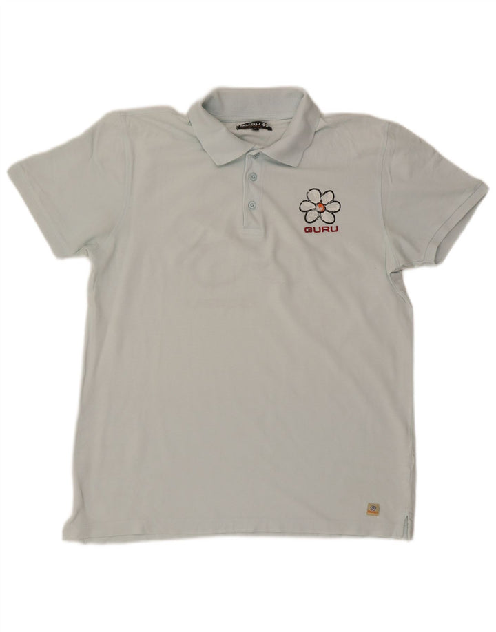 Guru Mens Graphic Polo Shirt Large Blue Floral Cotton