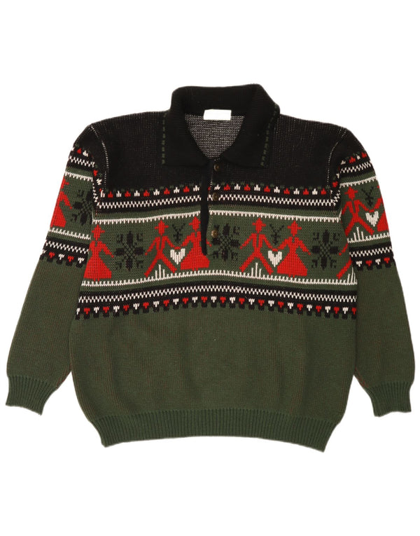 Vintage Mens Polo Neck Jumper Sweater Medium Khaki Fair Isle Acrylic