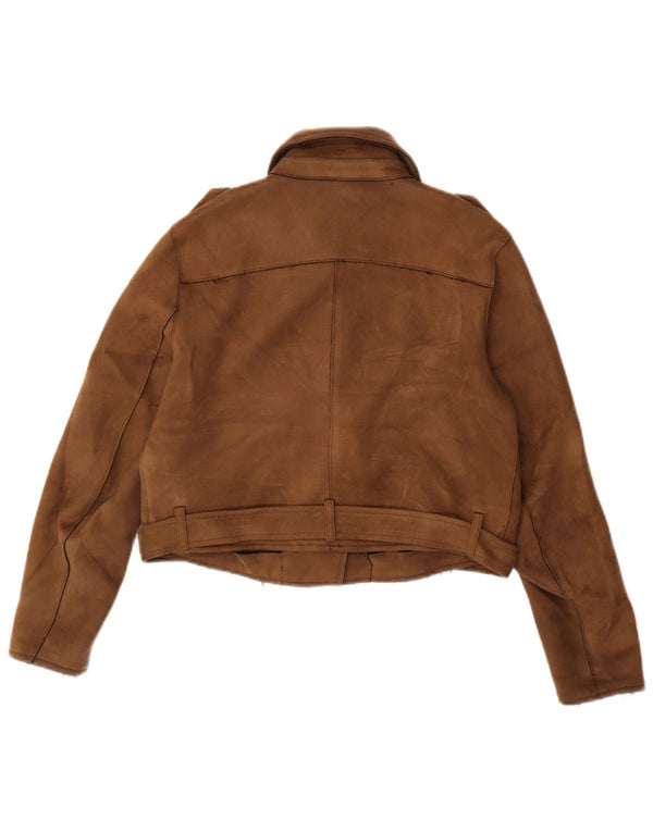 Zara Womens Crop Faux Suede Biker Jacket UK 14 Large Brown Polyester