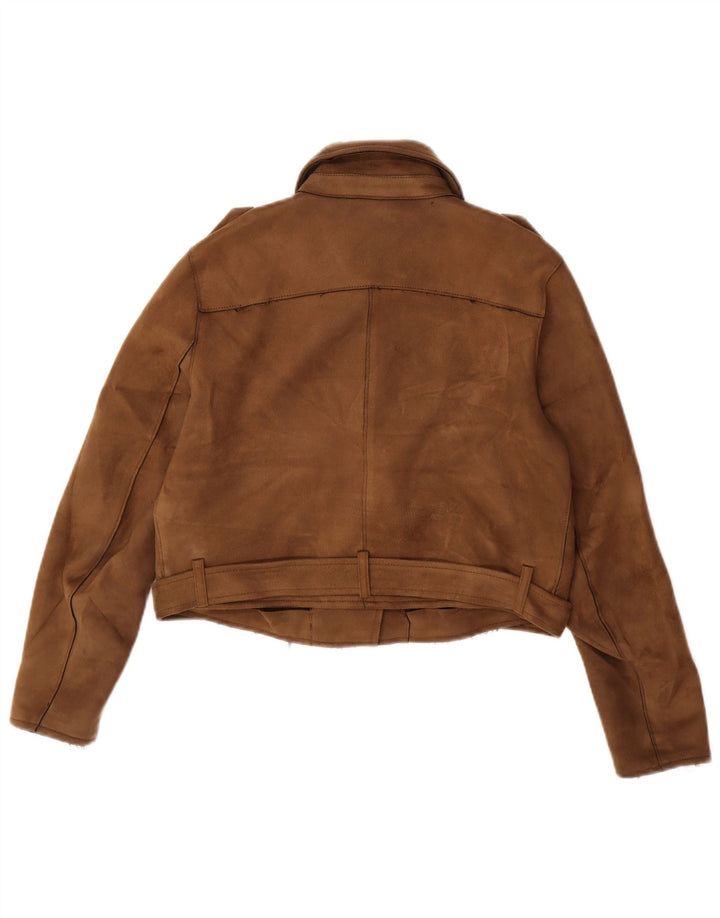 Zara Womens Crop Faux Suede Biker Jacket UK 14 Large Brown Polyester