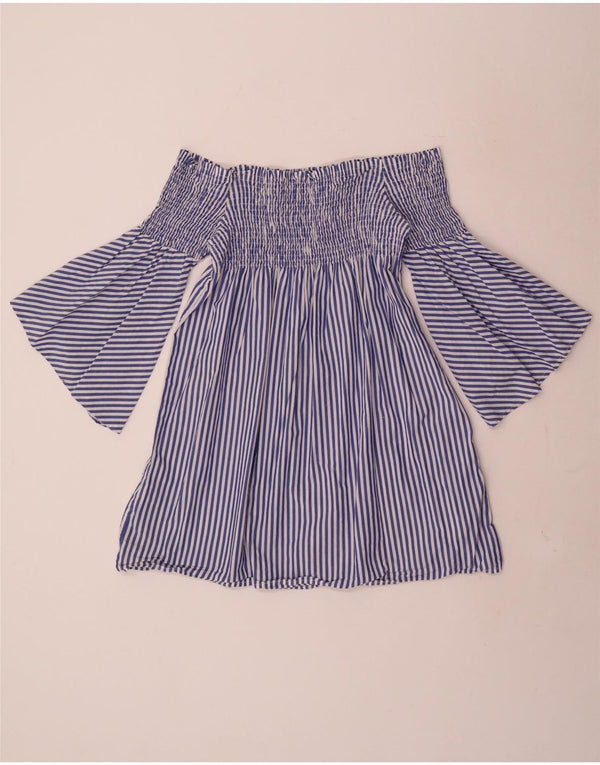 Zara Womens 3/4 Sleeve Off Shoulder Top UK 4 XS Blue Striped Cotton