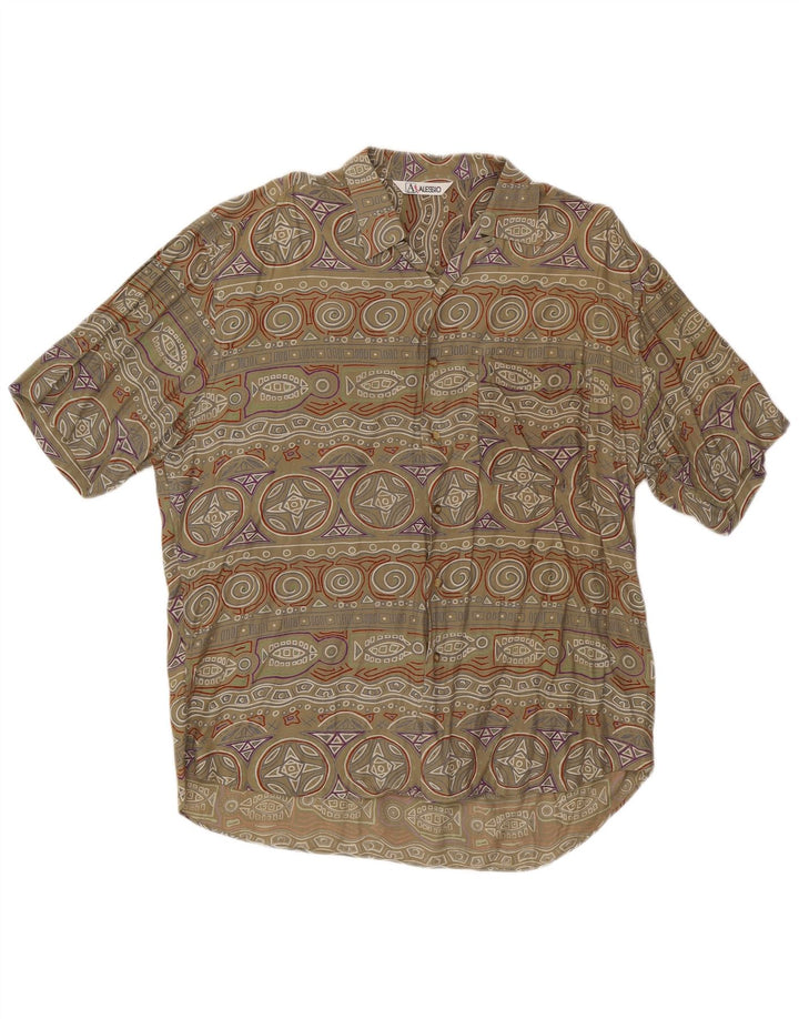 Vintage Mens Short Sleeve Shirt Large Khaki Geometric Viscose