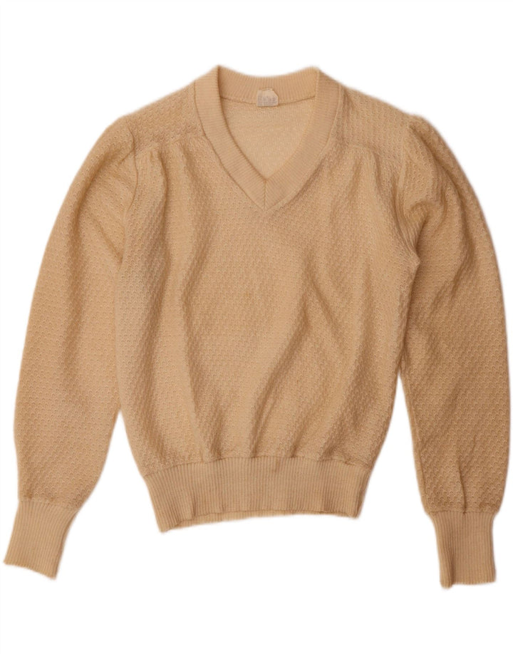 VINTAGE Womens Crop V-Neck Jumper Sweater EU 40 Medium Beige Acrylic Vintage Vintage and Second-Hand Vintage from Messina Hembry 