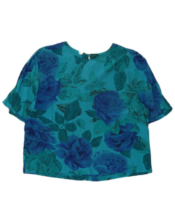 Vintage Womens Crop Blouse Top UK 16 Large Blue Floral Silk