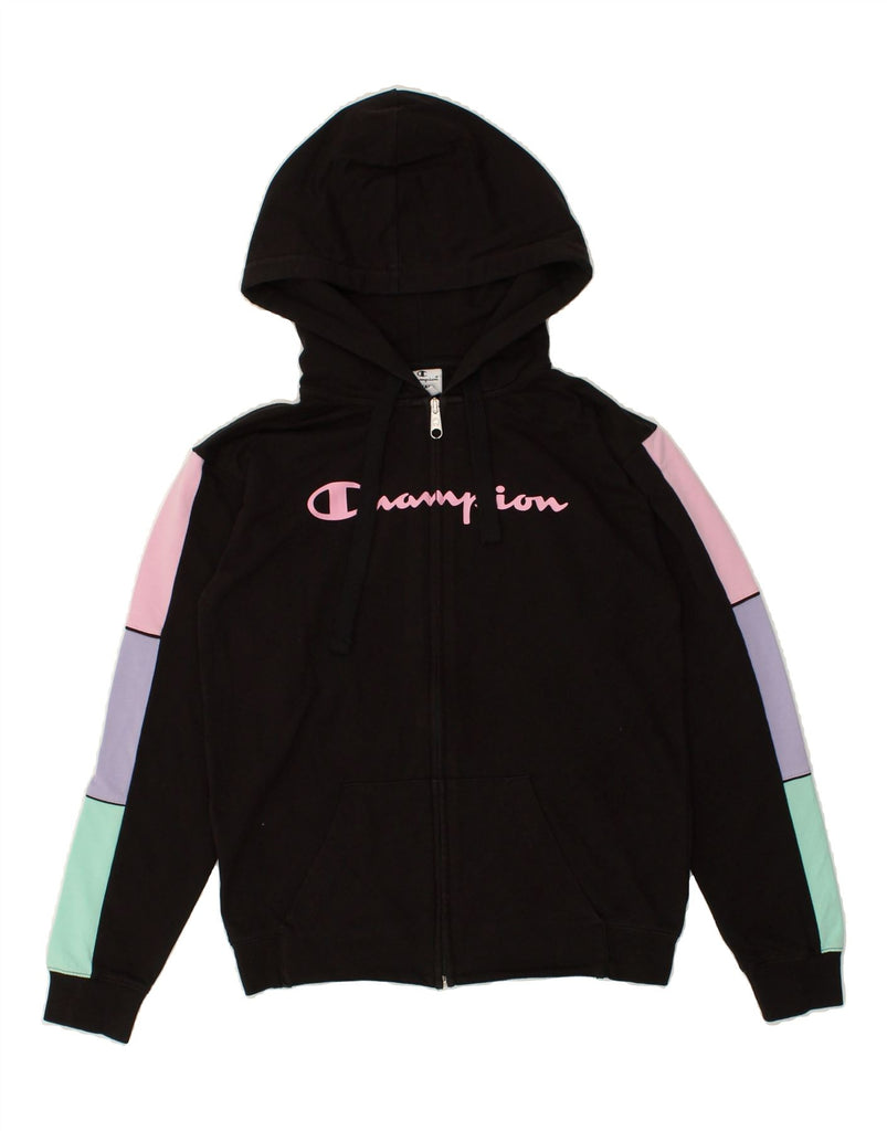 CHAMPION Womens Graphic Zip Hoodie Sweater UK 6 XS Black Cotton | Vintage Champion | Thrift | Second-Hand Champion | Used Clothing | Messina Hembry 