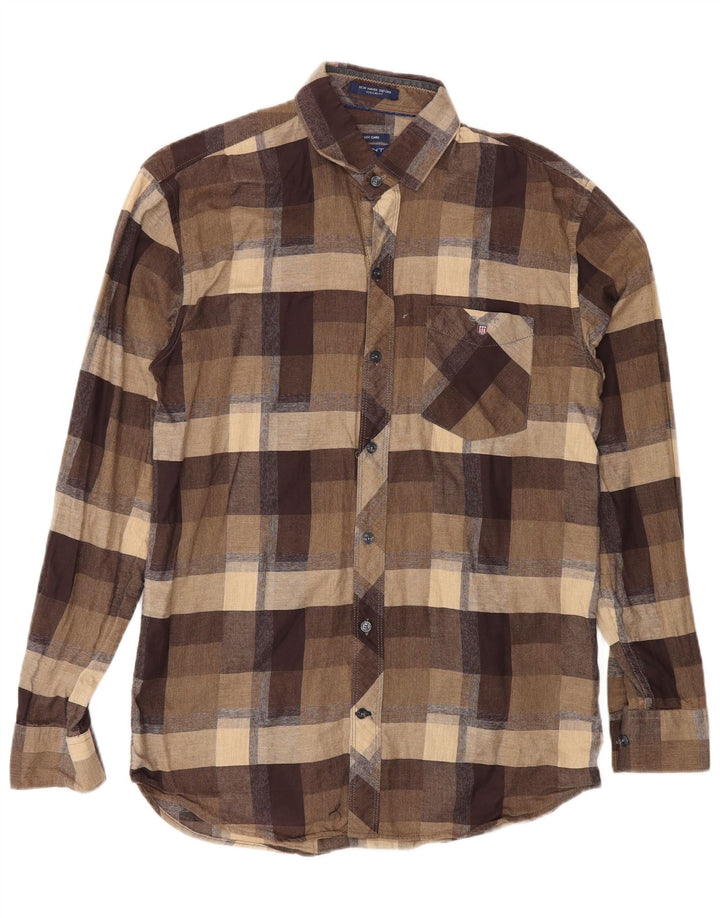 Gant Mens Regular Fit Flannel Shirt Large Brown Check Cotton