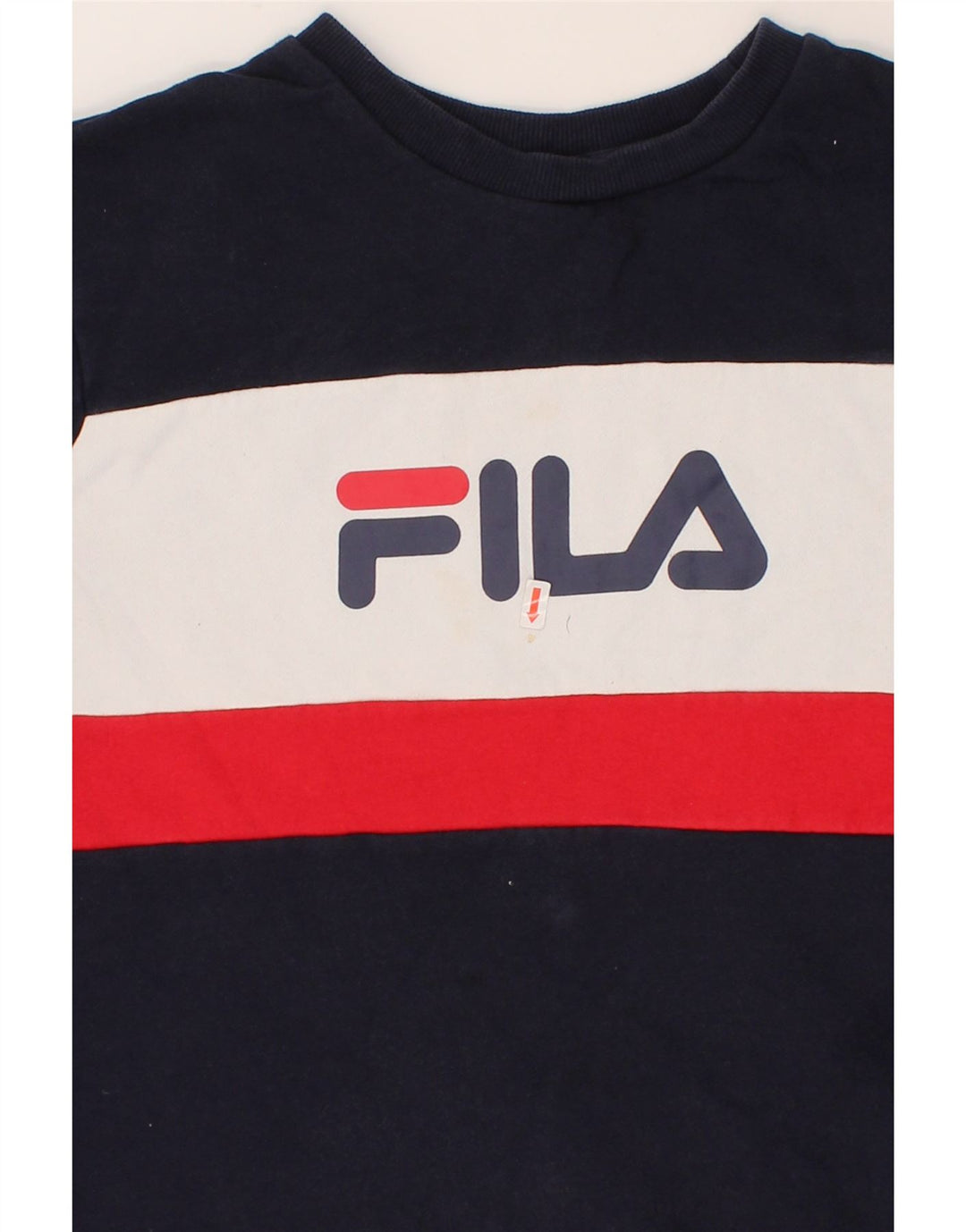 FILA Mens Graphic Sweatshirt Jumper Small Navy Blue Colourblock Cotton Vintage Fila and Second-Hand Fila from Messina Hembry 