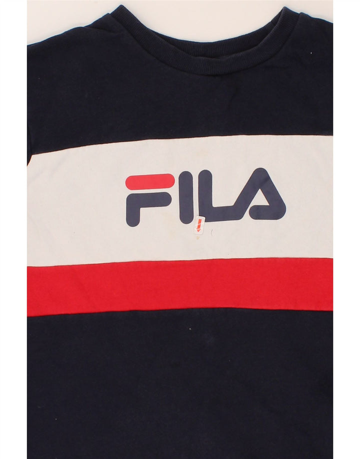 FILA Mens Graphic Sweatshirt Jumper Small Navy Blue Colourblock Cotton Vintage Fila and Second-Hand Fila from Messina Hembry 