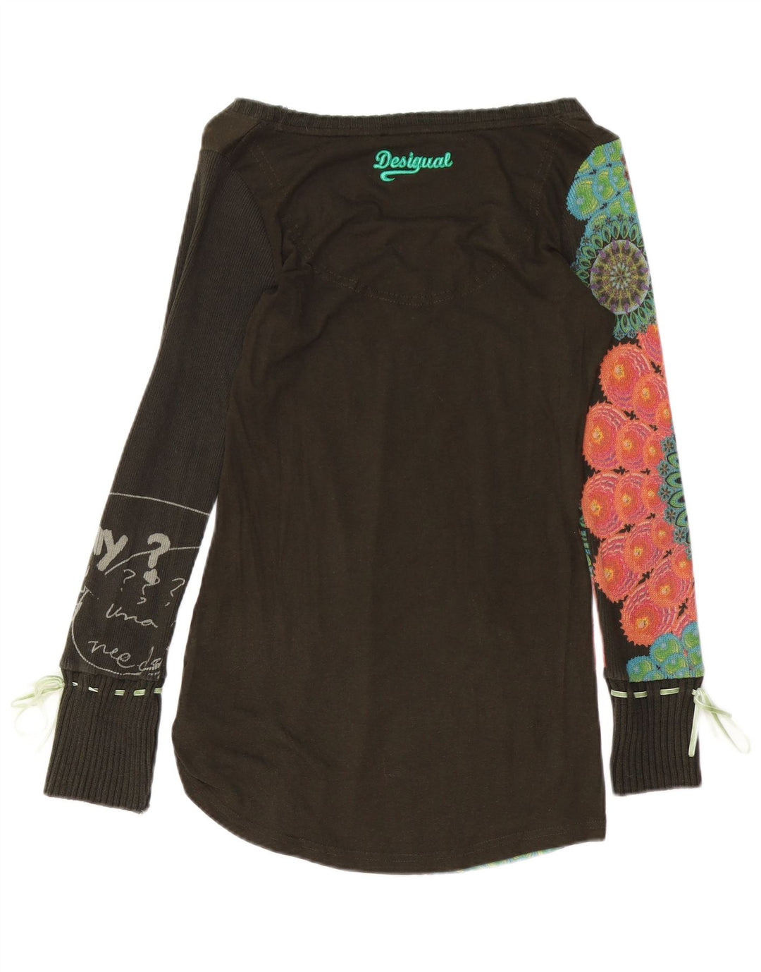 DESIGUAL Womens Graphic Top Long Sleeve UK 10 Small Brown Floral Cotton