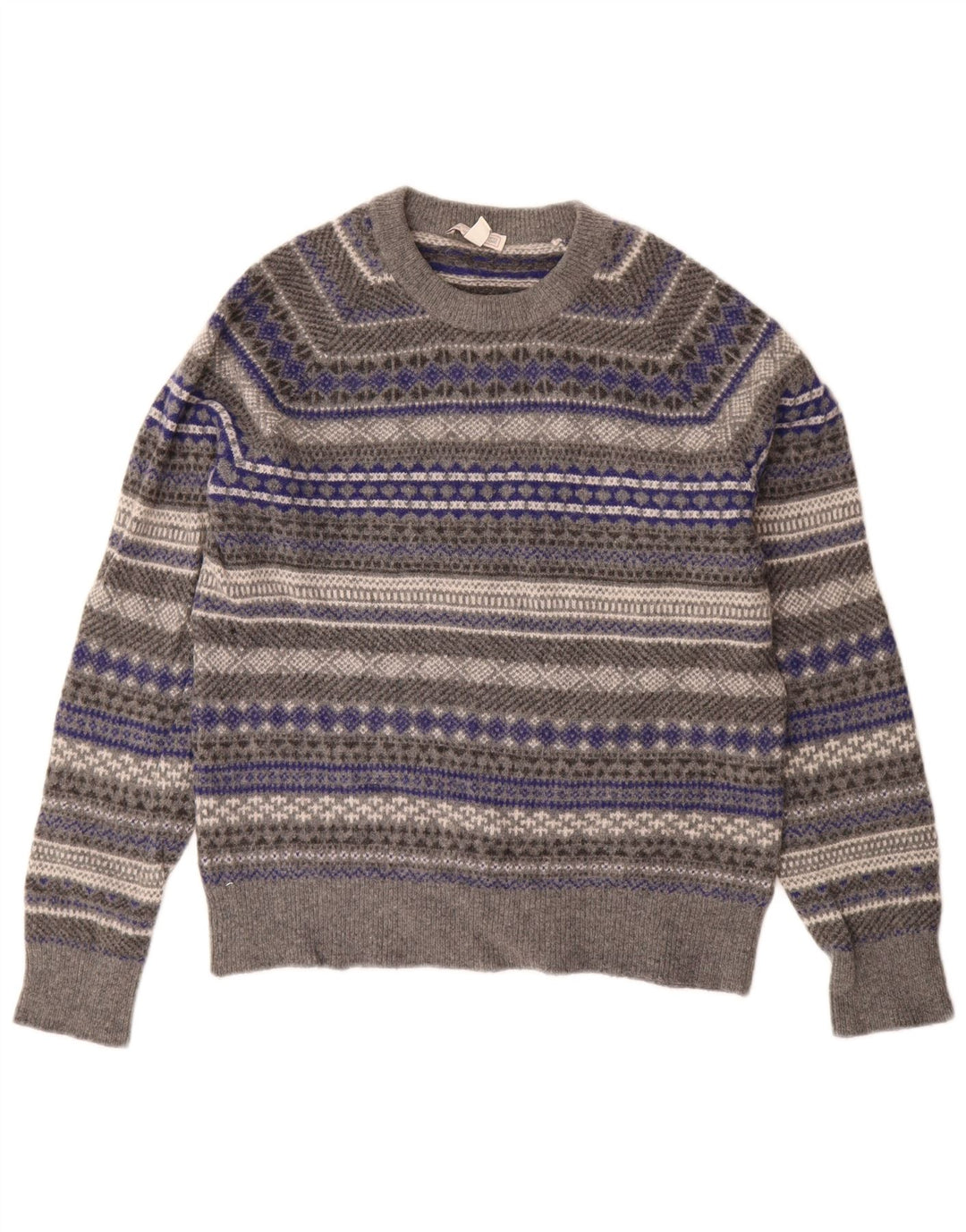Gap Womens Crew Neck Jumper Sweater UK 14 Medium Grey Fair Isle Wool