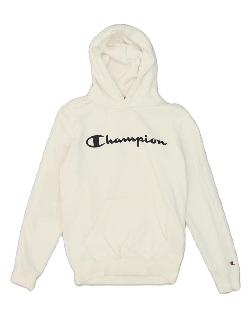 CHAMPION Mens Graphic Hoodie Jumper Small White Cotton | Vintage Champion | Thrift | Second-Hand Champion | Used Clothing | Messina Hembry 