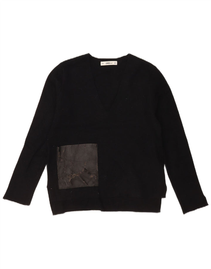 Zara Womens V-Neck Jumper Sweater UK 10 Small Black Viscose
