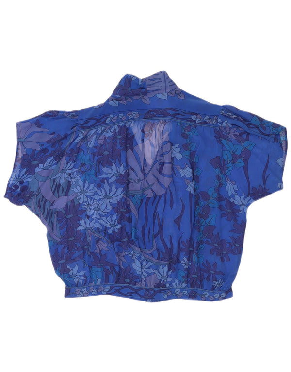 Vintage Womens See Through Short Sleeve Shirt Blouse UK 18 XL Blue Floral
