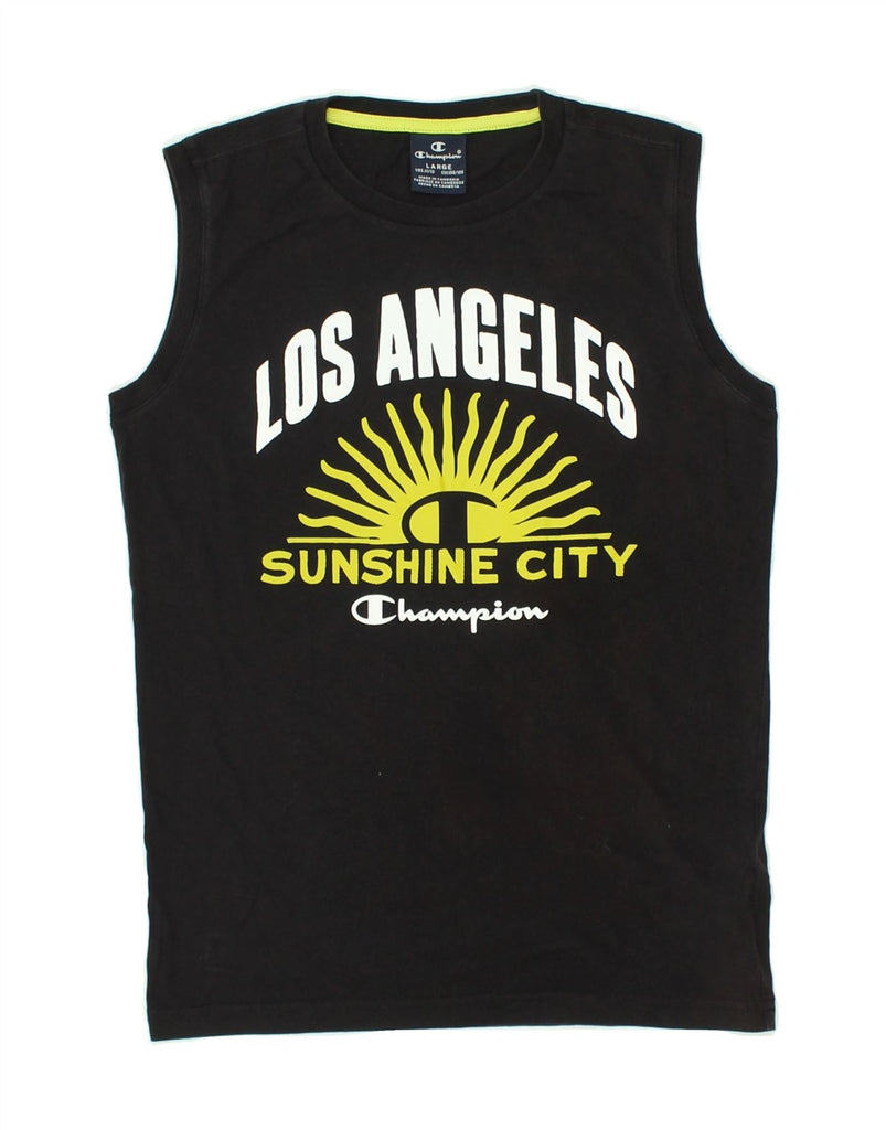 CHAMPION Boys Graphic Vest Top 11-12 Years Large Black Cotton | Vintage Champion | Thrift | Second-Hand Champion | Used Clothing | Messina Hembry 