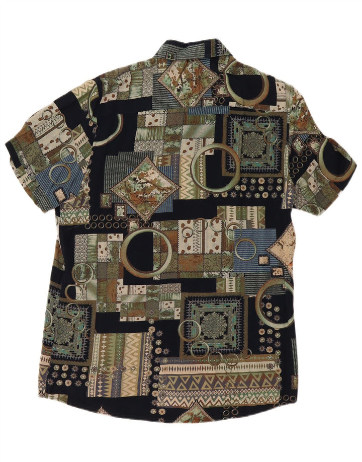 VINTAGE Mens Short Sleeve Shirt Medium Black Patchwork Viscose