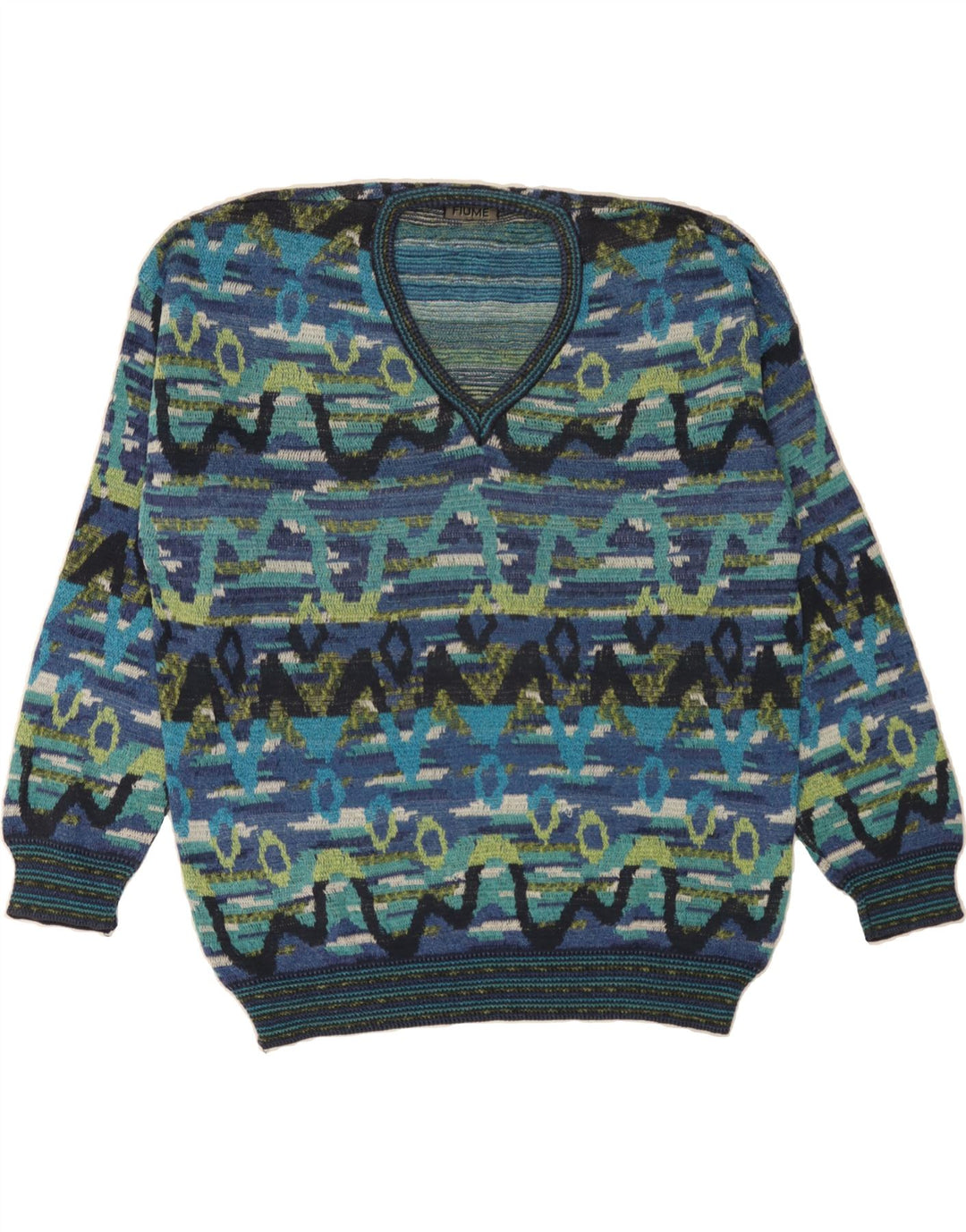 FIUME Mens V-Neck Jumper Sweater IT 52 Large Blue Fair Isle Cotton Vintage Fiume and Second-Hand Fiume from Messina Hembry 