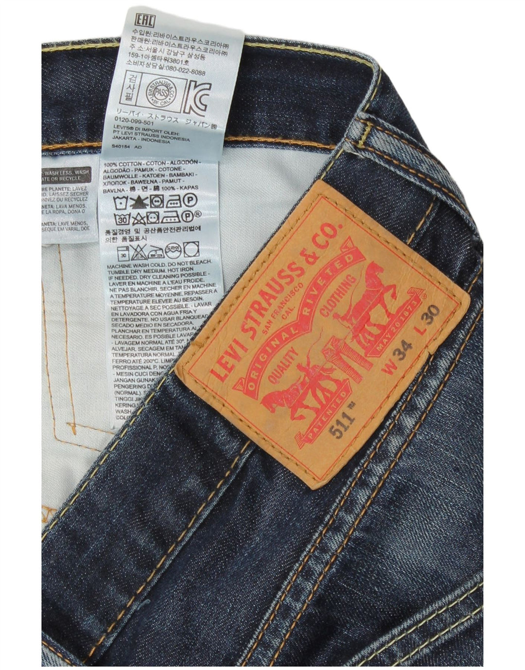 Levi's Mens 511 Slim Jeans W34 L30 Blue Cotton