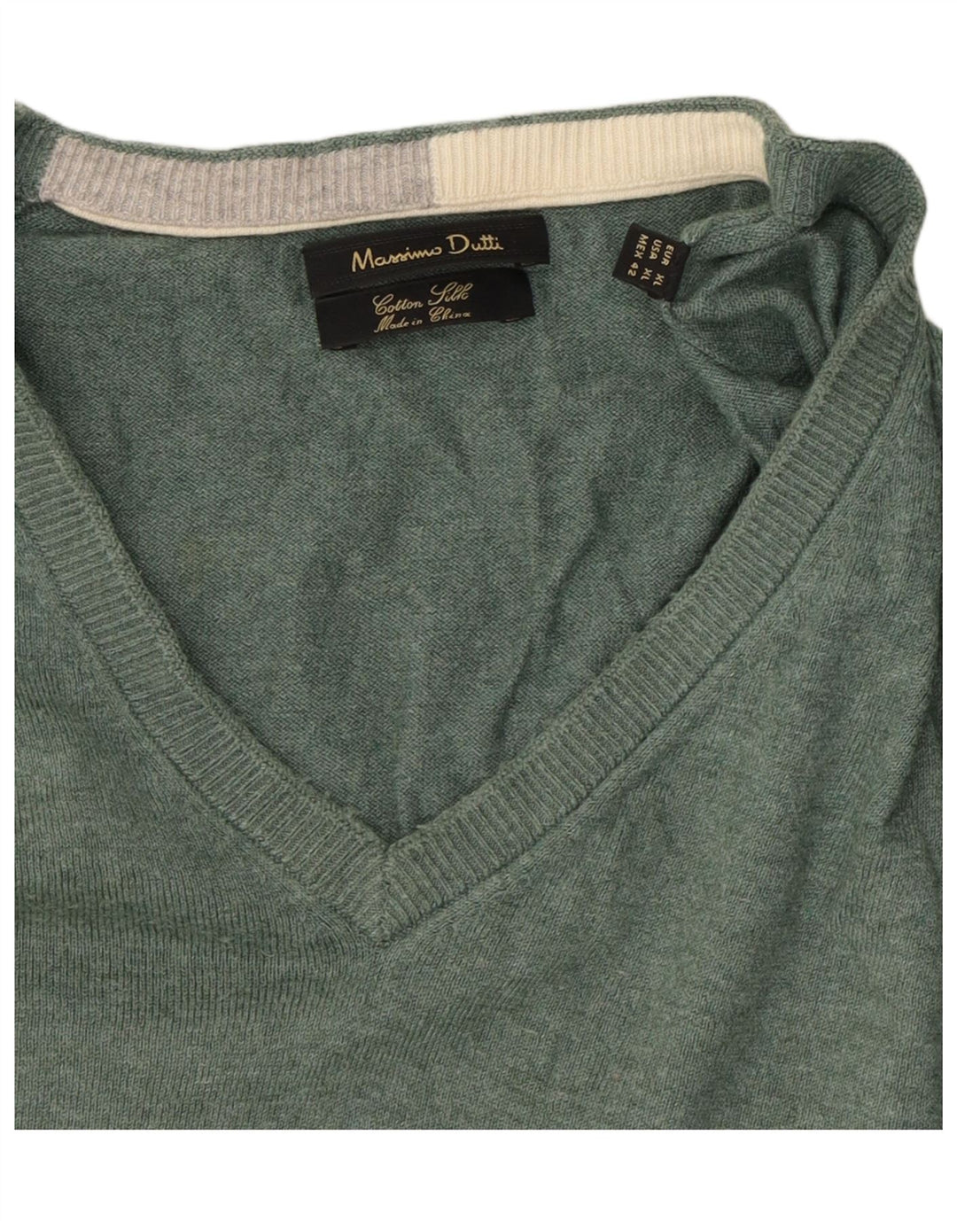 MASSIMO DUTTI Mens V-Neck Jumper Sweater XL Green Cotton
