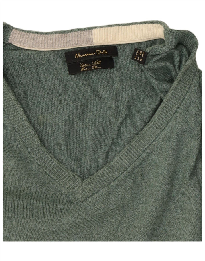 MASSIMO DUTTI Mens V-Neck Jumper Sweater XL Green Cotton