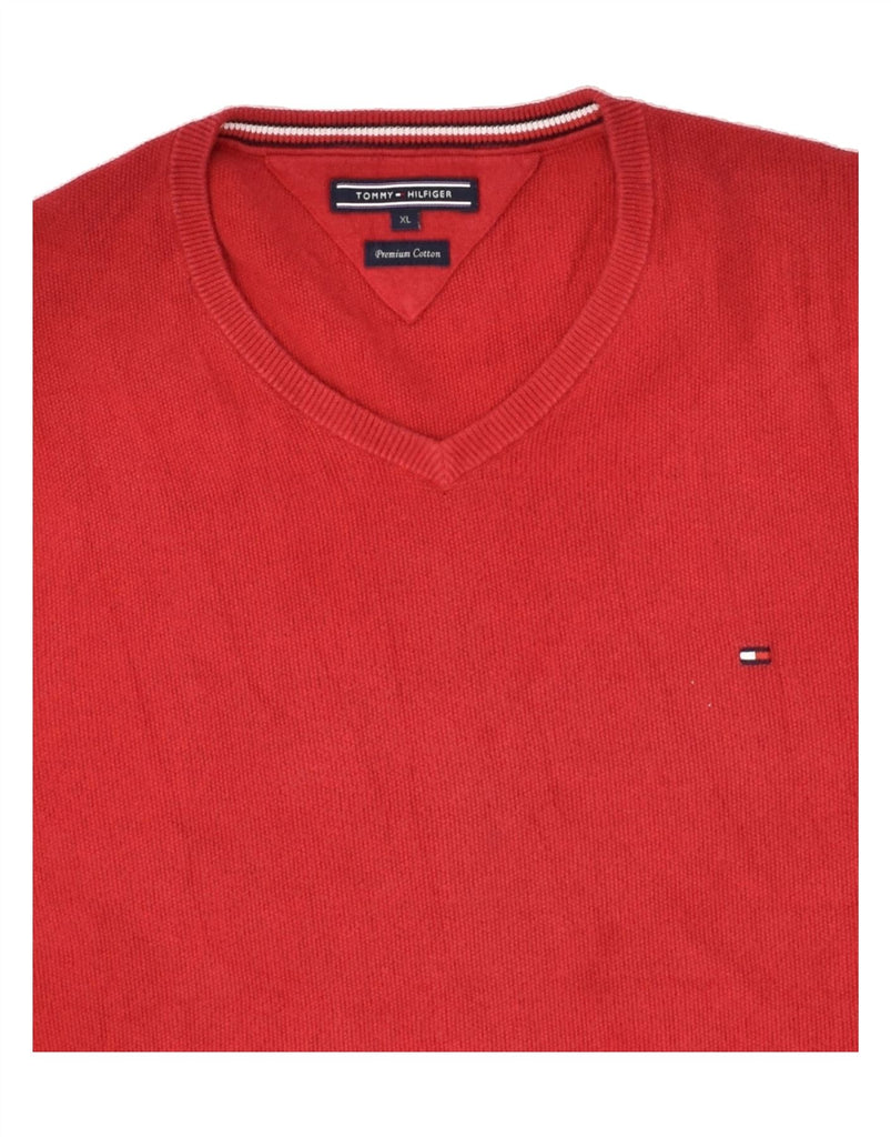 TOMMY HILFIGER Mens Premium V-Neck Jumper Sweater XL Red Cotton | Vintage Tommy Hilfiger | Thrift | Second-Hand Tommy Hilfiger | Used Clothing | Messina Hembry 