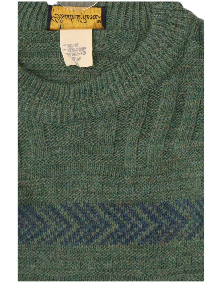 Claude De Pierre Mens Crew Neck Jumper Sweater Medium Green Geometric Wool