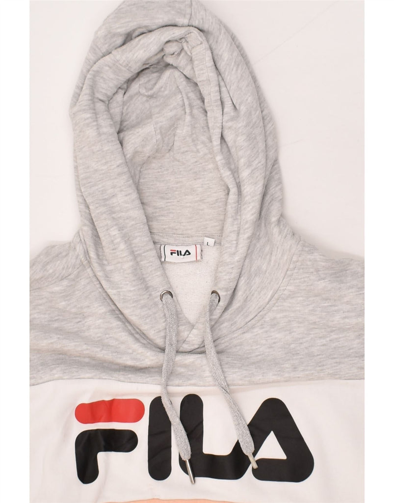 FILA Womens Graphic Hoodie Jumper UK 14 Large Grey Colourblock | Vintage Fila | Thrift | Second-Hand Fila | Used Clothing | Messina Hembry 