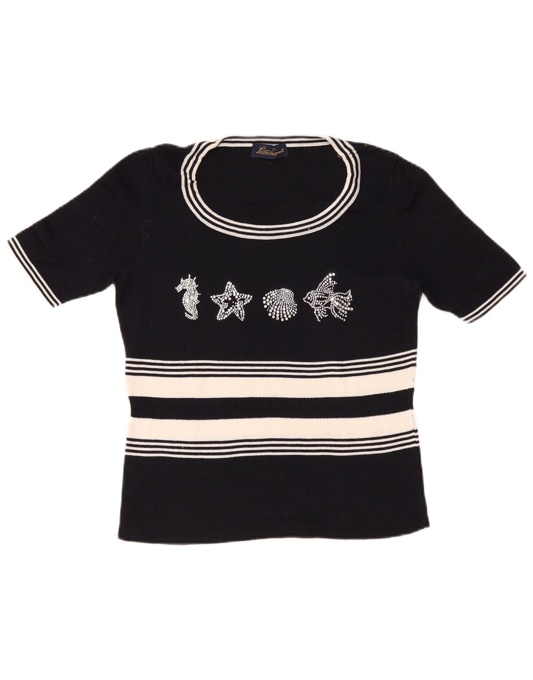 LUISA SPAGNOLI Womens Graphic Boat Neck Jumper Sweater UK 14 Large Black