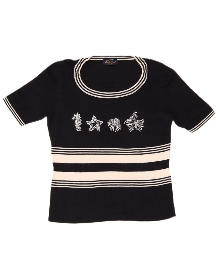 LUISA SPAGNOLI Womens Graphic Boat Neck Jumper Sweater UK 14 Large Black