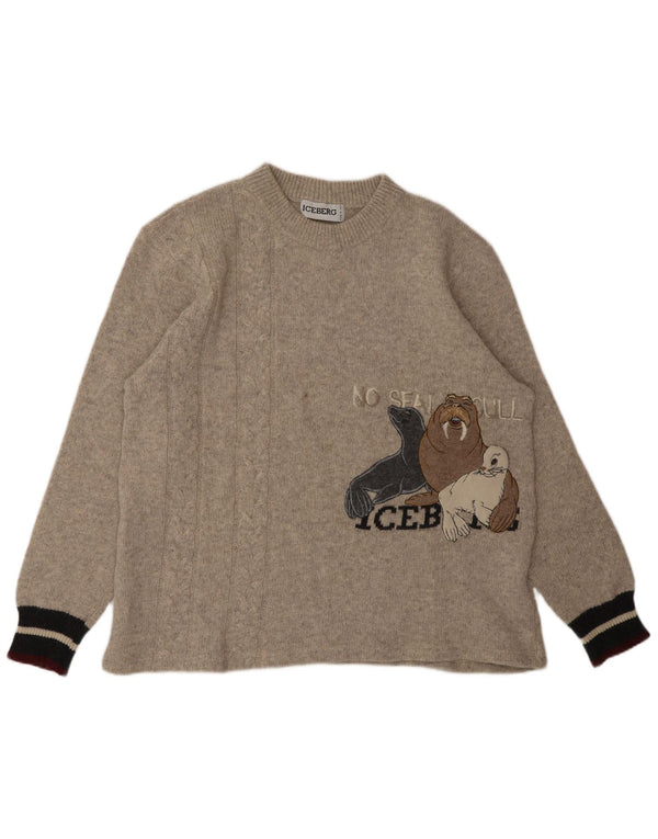 ICEBERG Mens Graphic Crew Neck Jumper Sweater Medium Beige Animals