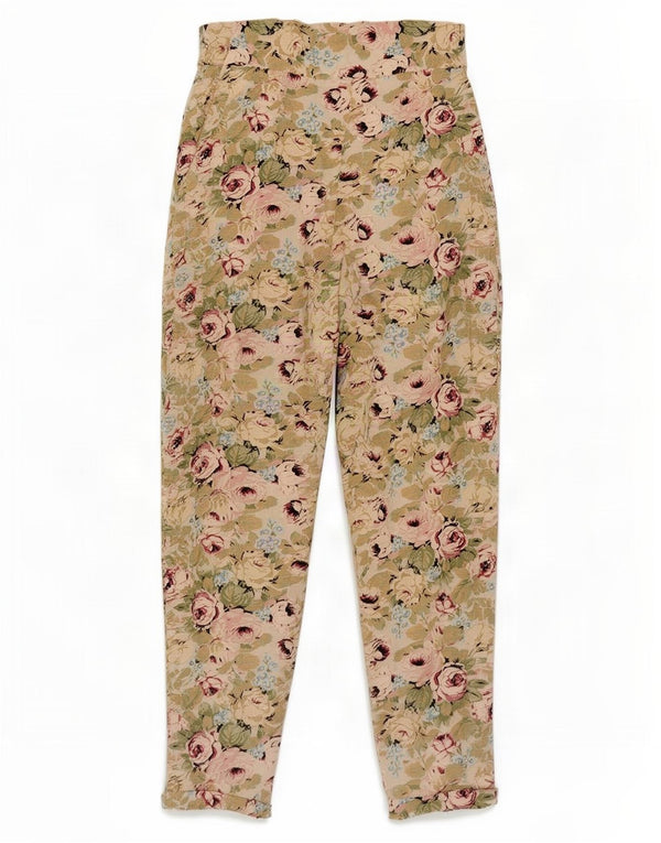 Vintage Womens High Waist Casual Trousers UK 10 Small W26 L30 Green Floral