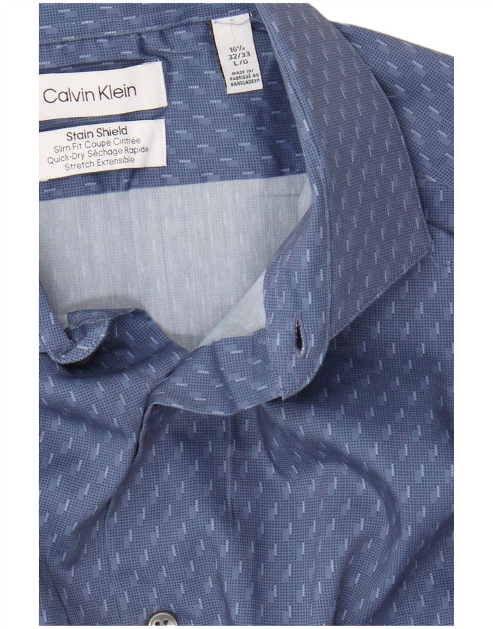 Calvin Klein Mens Slim Fit Shirt Size 16 1/2 Large Blue Geometric Polyester
