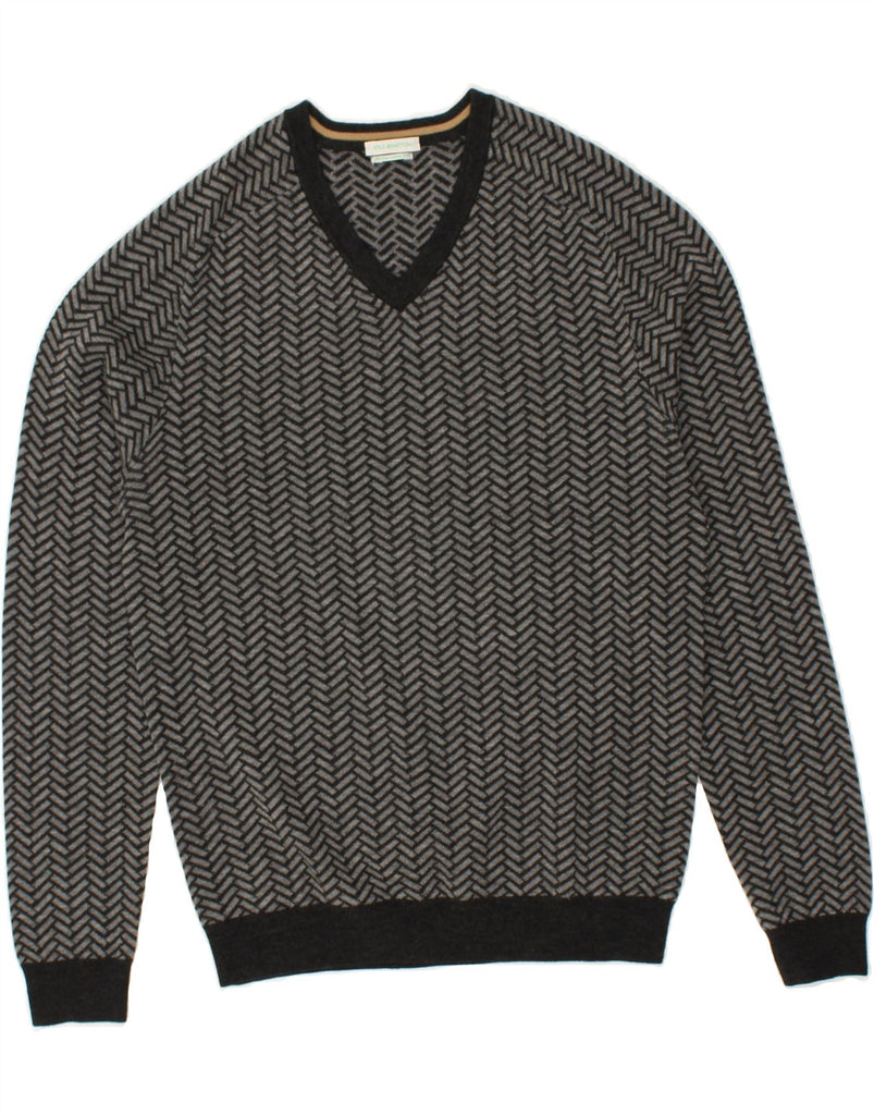 BENETTON Mens V-Neck Jumper Sweater Small Grey Herringbone Wool | Vintage Benetton | Thrift | Second-Hand Benetton | Used Clothing | Messina Hembry 