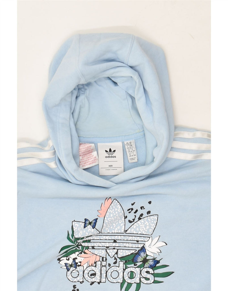 ADIDAS Girls Crop Graphic Hoodie Jumper 14-15 Years Blue Floral Cotton | Vintage Adidas | Thrift | Second-Hand Adidas | Used Clothing | Messina Hembry 