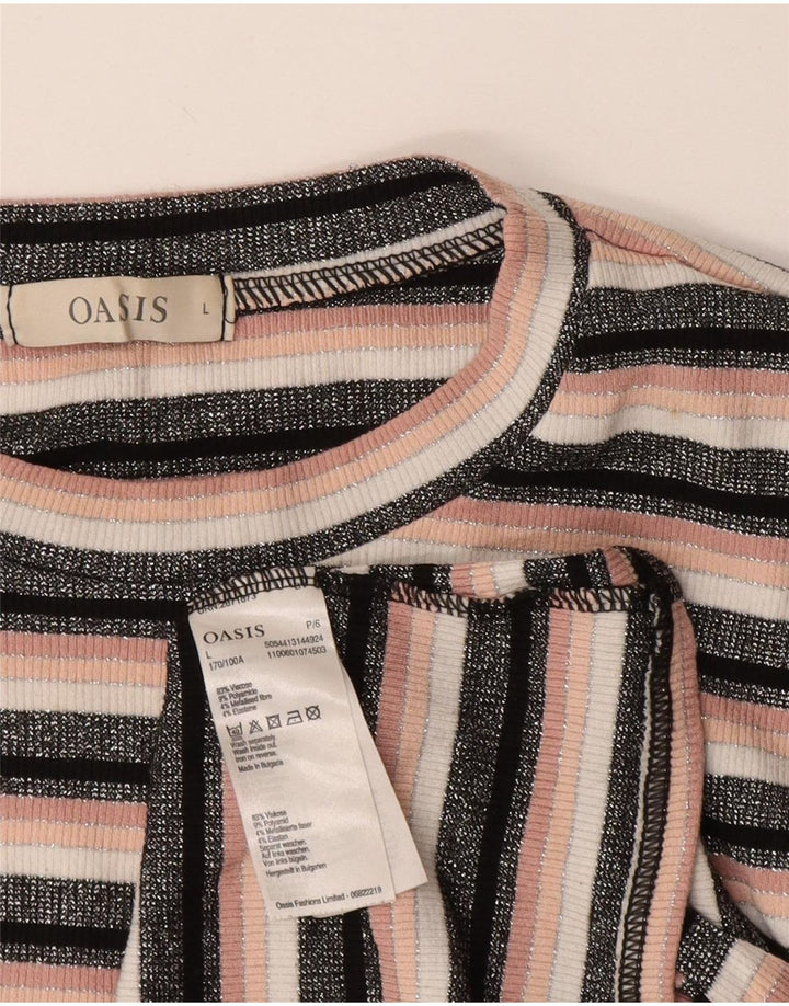 OASIS Womens Crop T-Shirt Top UK 14 Large Black Striped Viscose