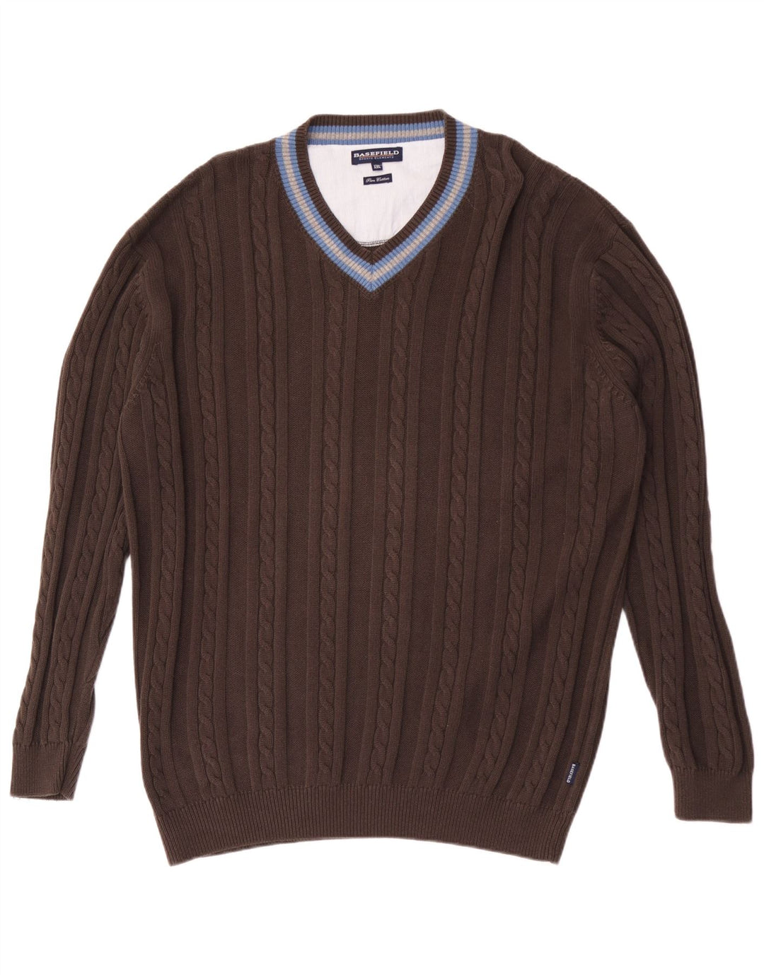 Basefield Mens V-Neck Jumper Sweater 2XL Brown Striped Cotton