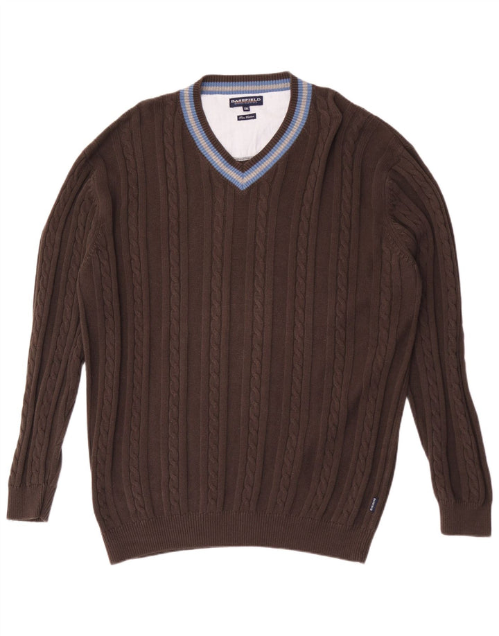 Basefield Mens V-Neck Jumper Sweater 2XL Brown Striped Cotton