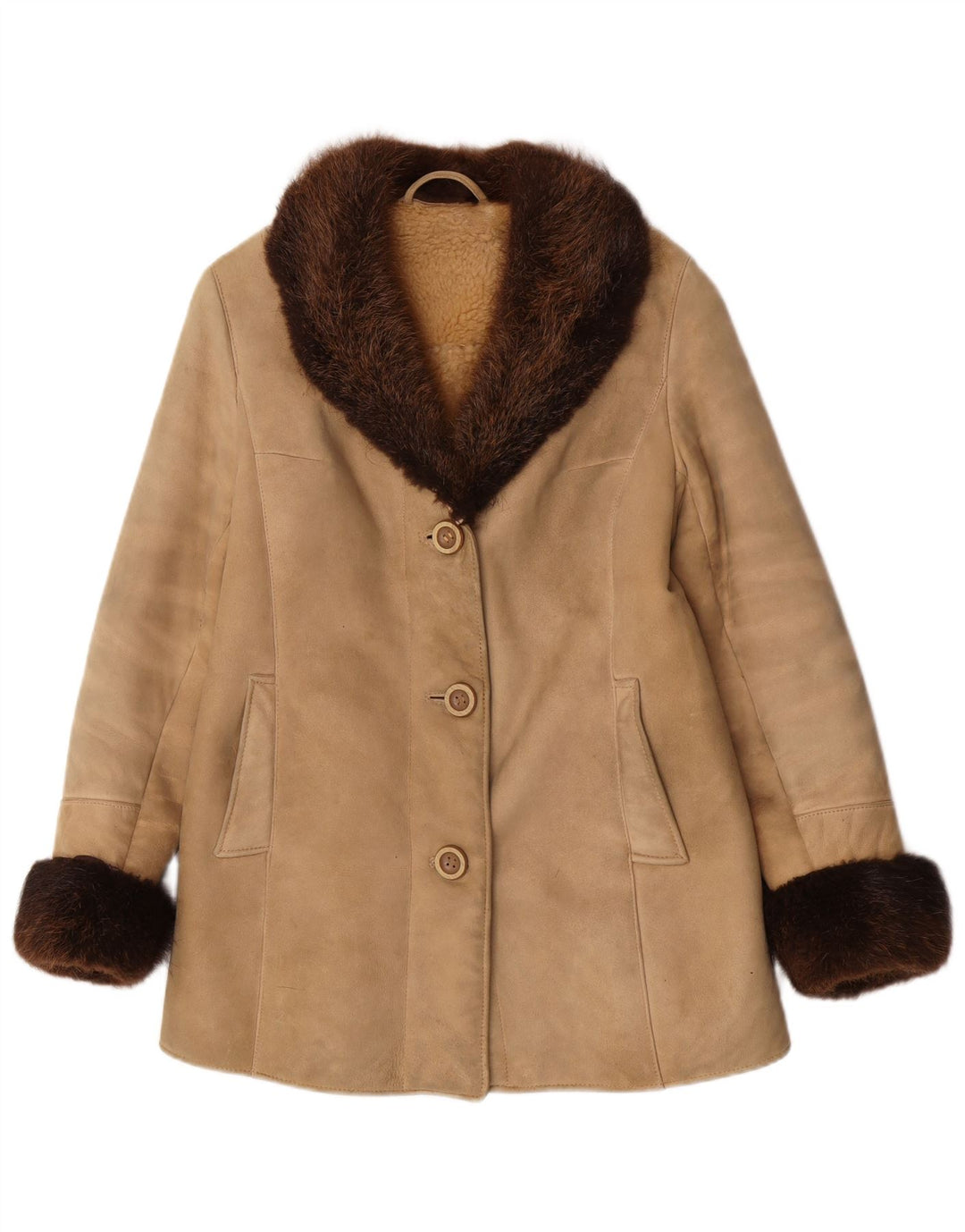Vintage Womens Shearling Coat UK 10 Small Beige