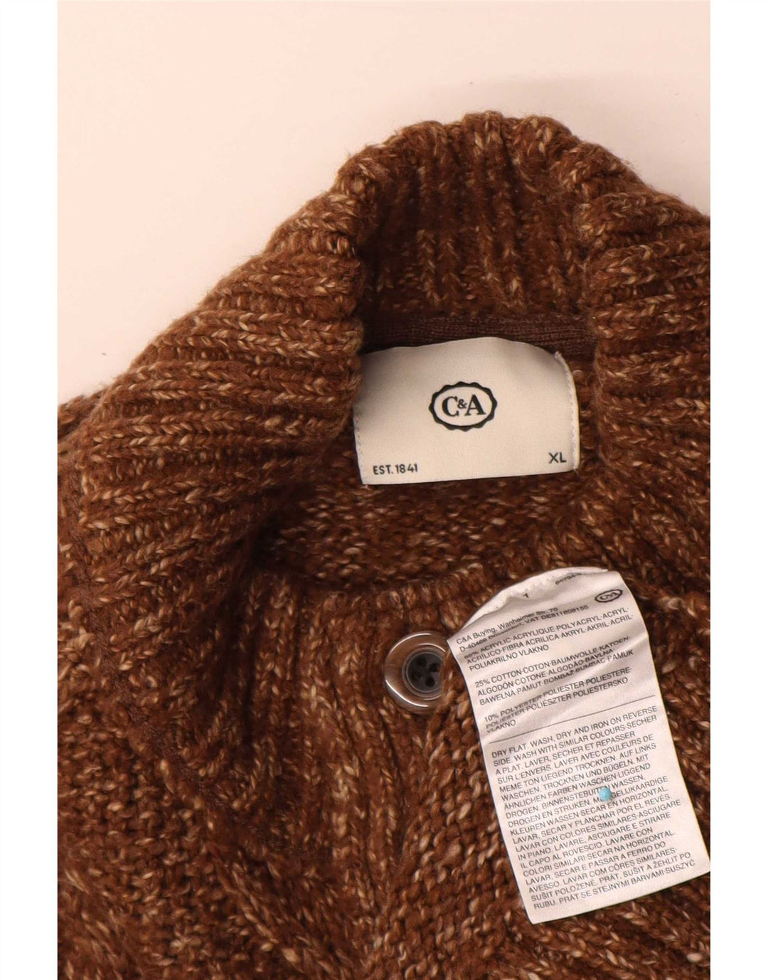C&A Mens Button Neck Jumper Sweater XL Brown Flecked Acrylic