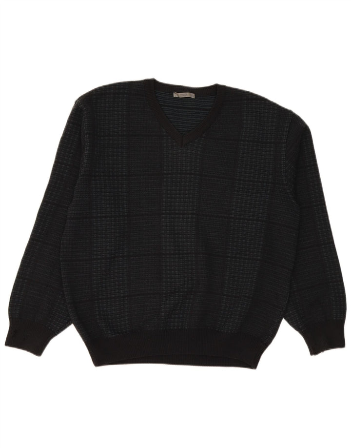 Marks & Spencer Mens V-Neck Jumper Sweater Large Navy Blue Check Acrylic
